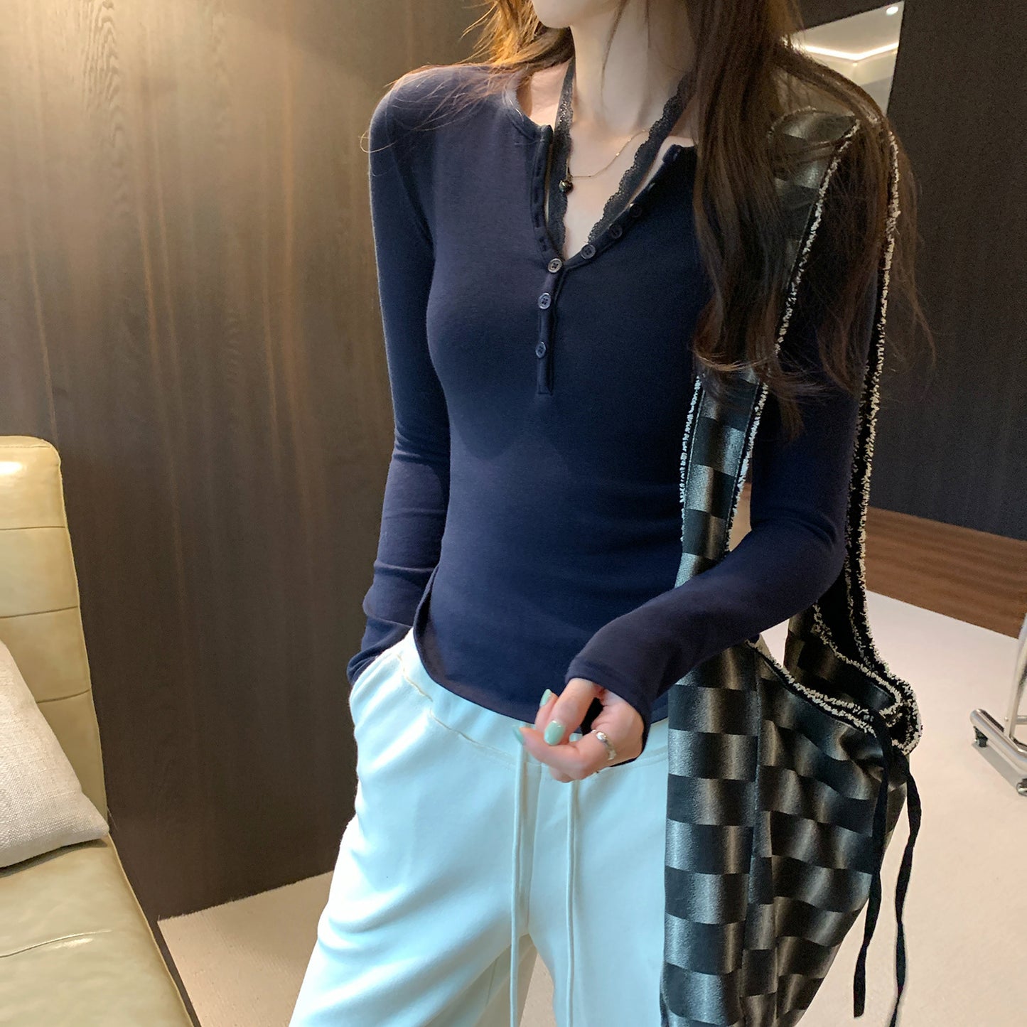 Purple Lace Halter Neck Two-Piece Long Sleeve T-Shirt for Women