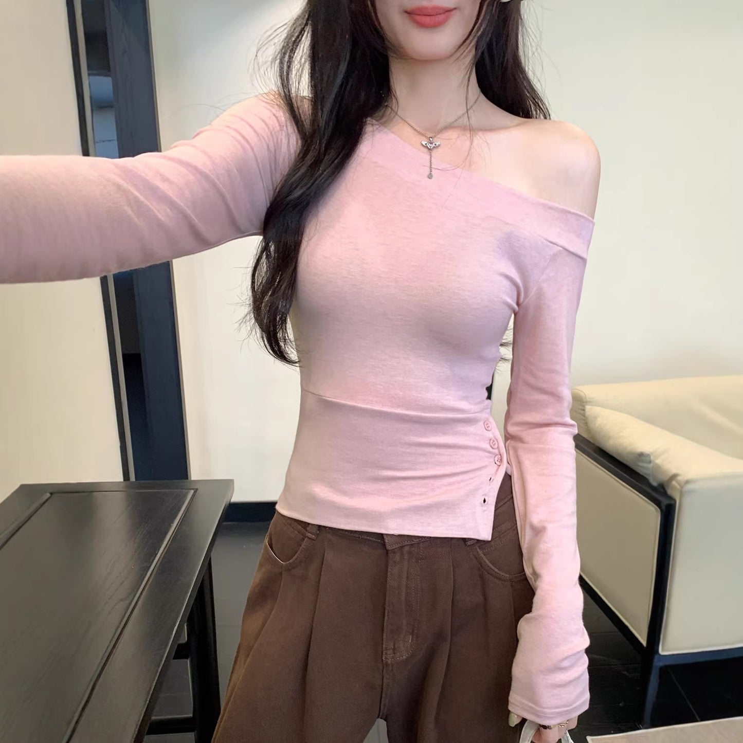 Pink Off-Shoulder Fitted Long Sleeve T-Shirt for Women