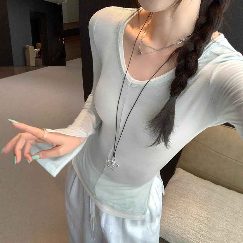Viscose Rayon V-Neck Long Sleeve T-Shirt for Women