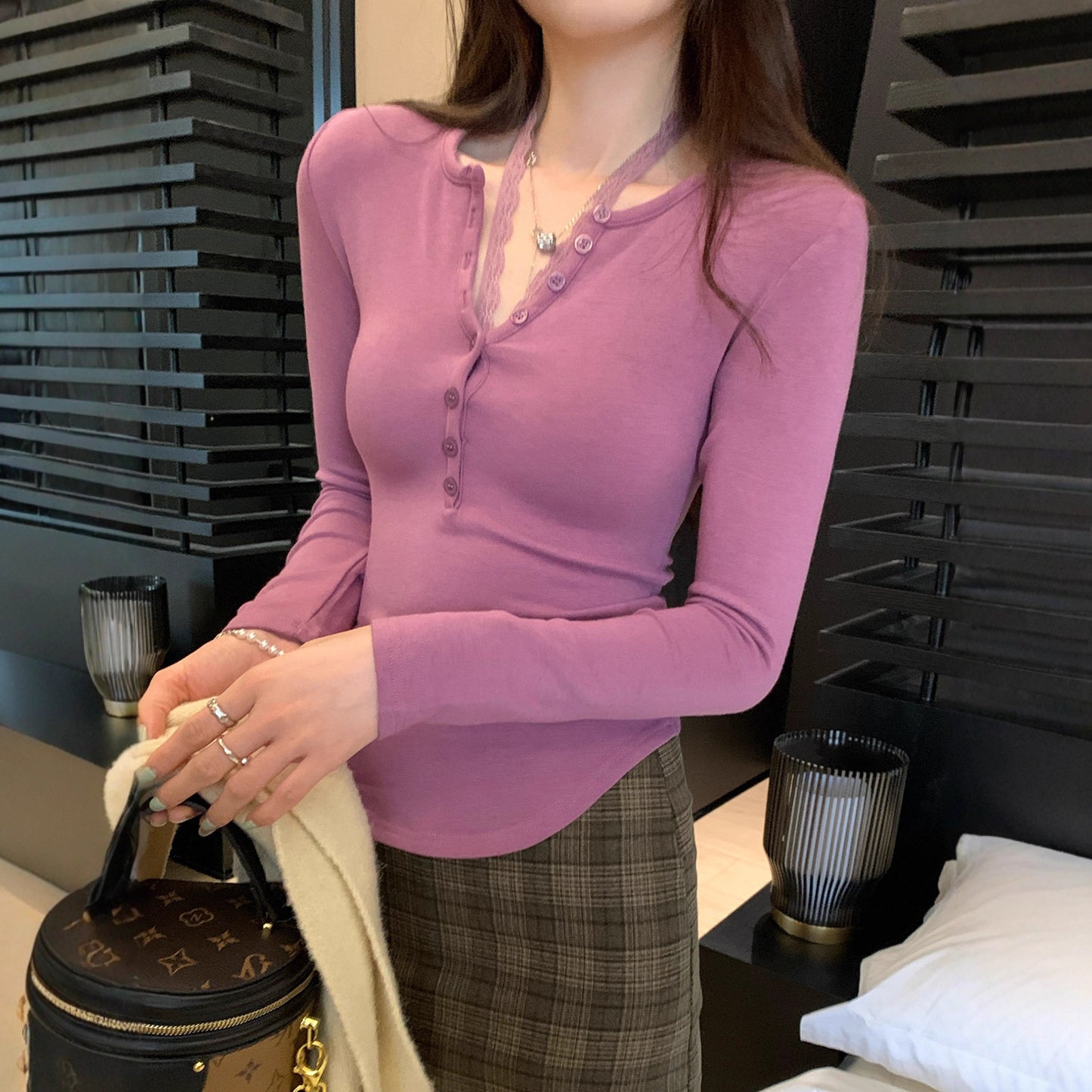 Purple Lace Halter Neck Two-Piece Long Sleeve T-Shirt for Women