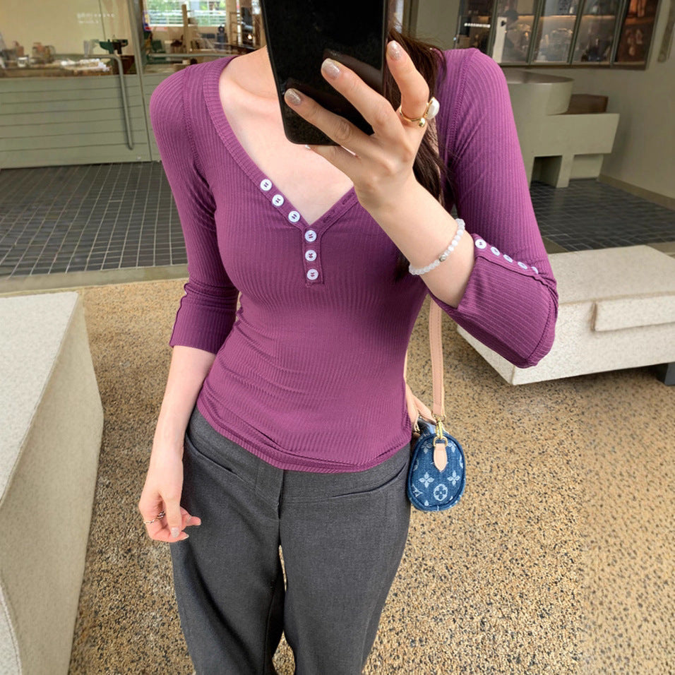 V-Neck T-Shirt Inner Layer Top for Women Wear Slim Fit Long Sleeve