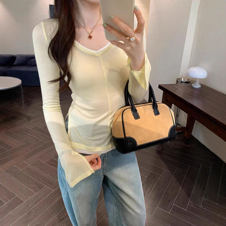 Viscose Rayon V-Neck Long Sleeve T-Shirt for Women