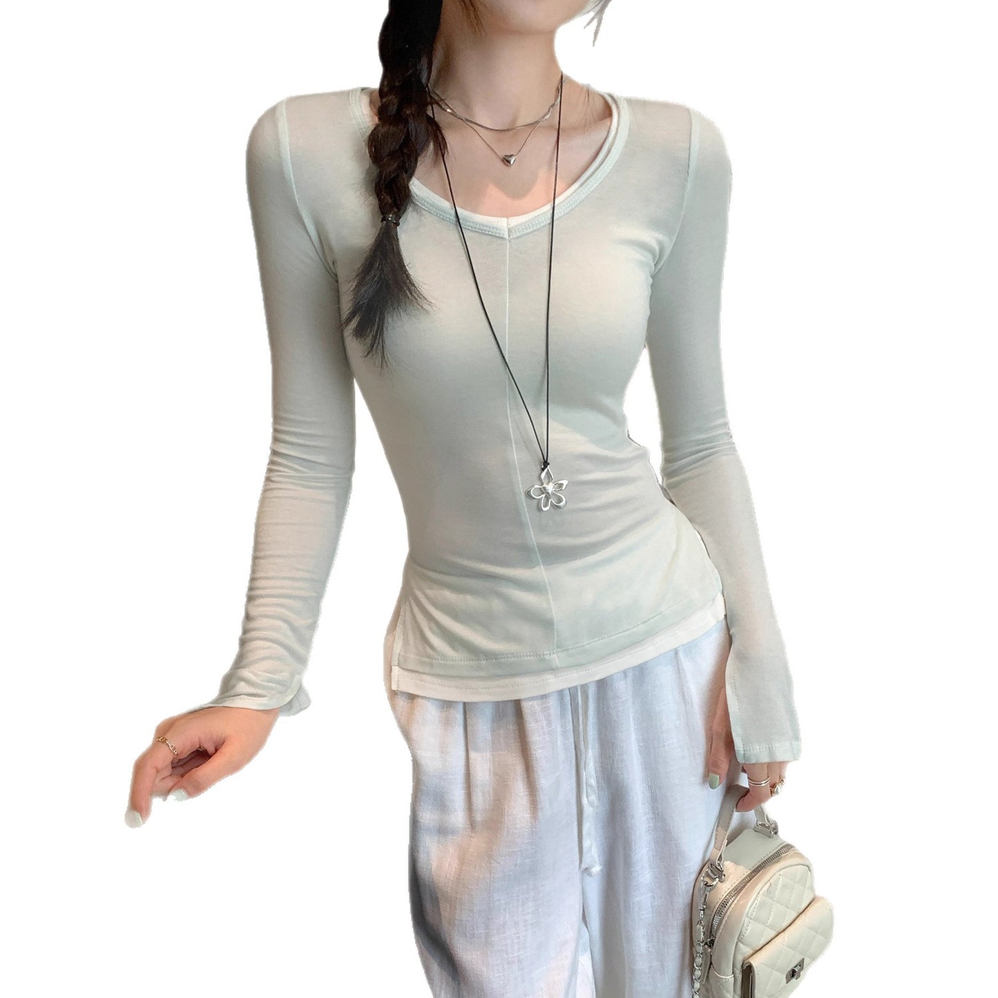 Viscose Rayon V-Neck Long Sleeve T-Shirt for Women
