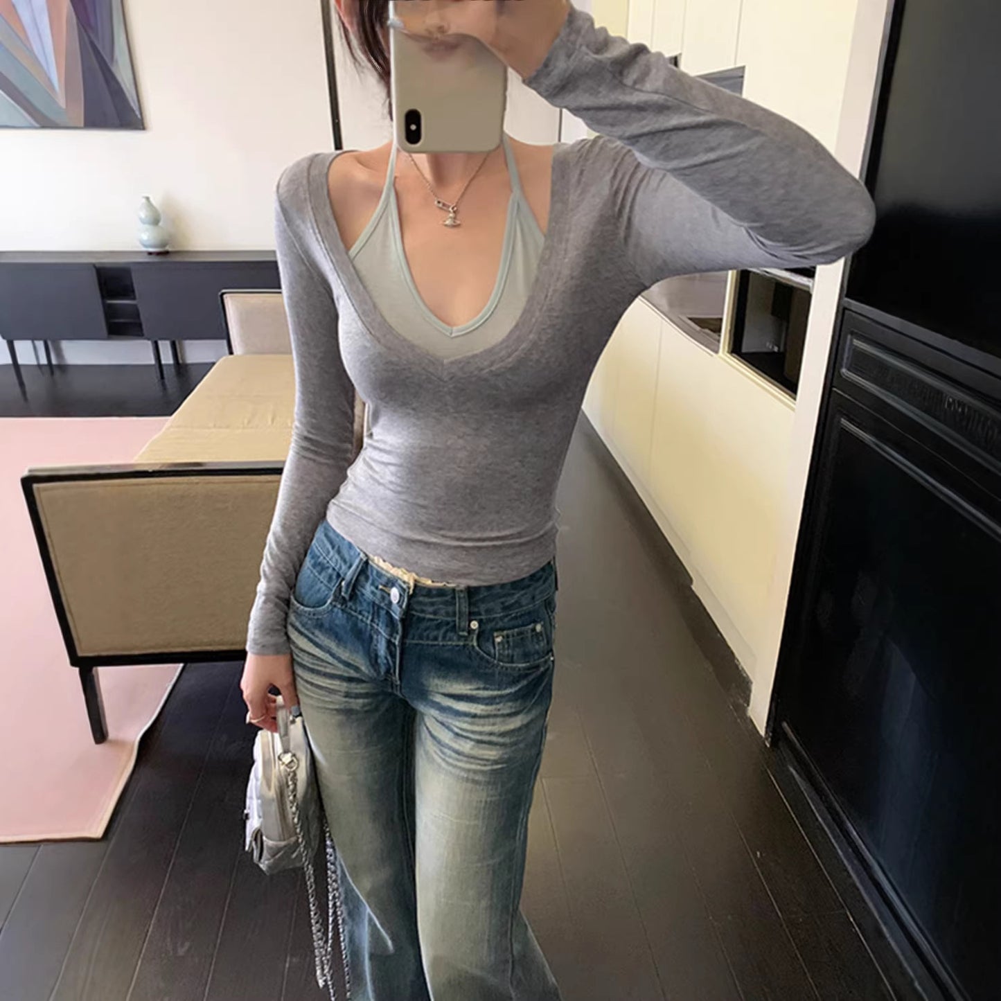 Style Color-Blocked Mock Two-Piece Halter Long Sleeve T-Shirt for Women