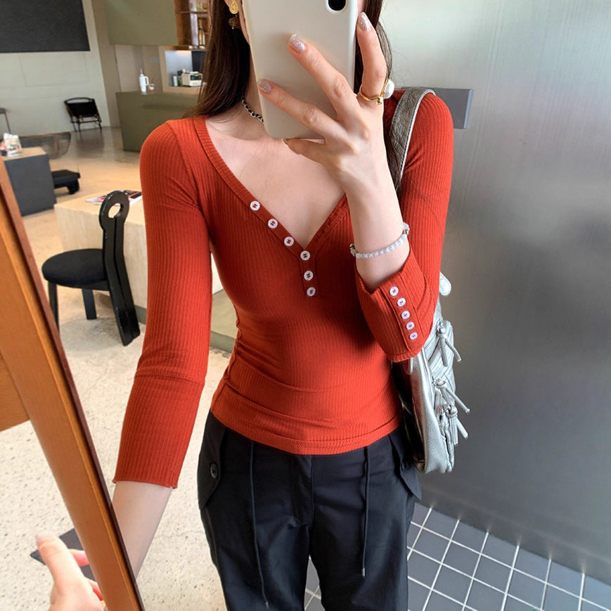 V-Neck T-Shirt Inner Layer Top for Women Wear Slim Fit Long Sleeve