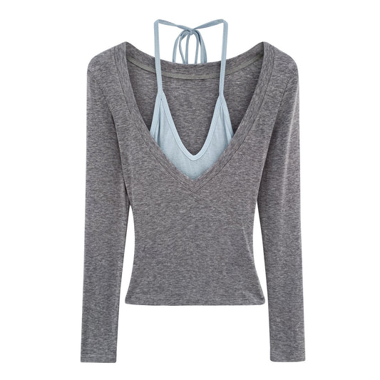 Style Color-Blocked Mock Two-Piece Halter Long Sleeve T-Shirt for Women