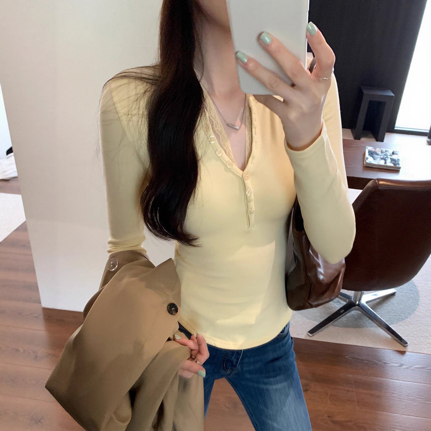 Purple Lace Halter Neck Two-Piece Long Sleeve T-Shirt for Women