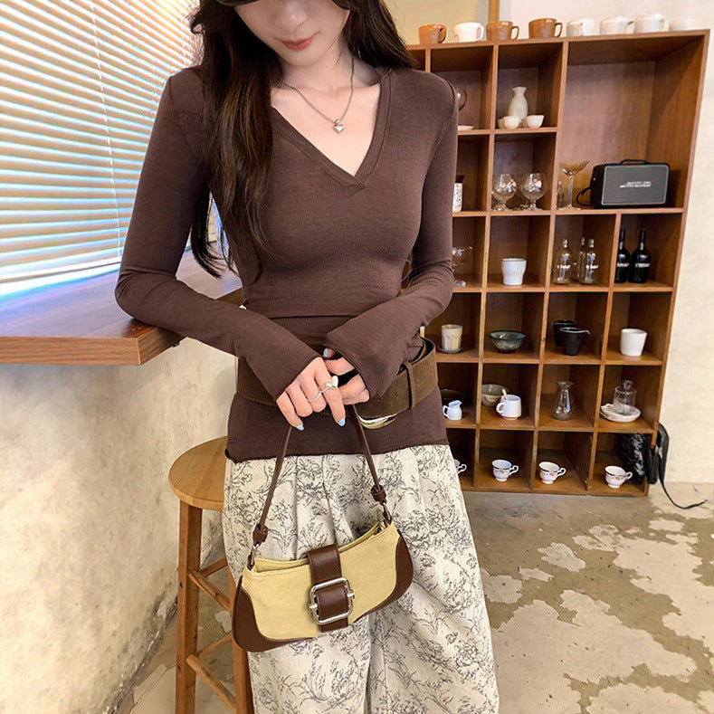 Style V-Neck Slim Fit Long Sleeve T-Shirt for Women