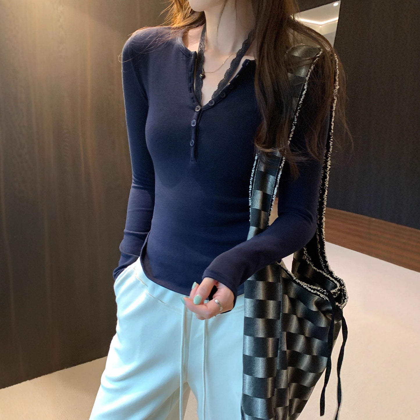 Purple Lace Halter Neck Two-Piece Long Sleeve T-Shirt for Women