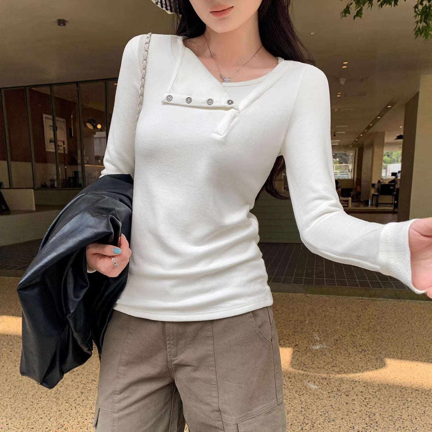 Faux Two-Piece Double-Sided Fleece Basic Shirt for Women