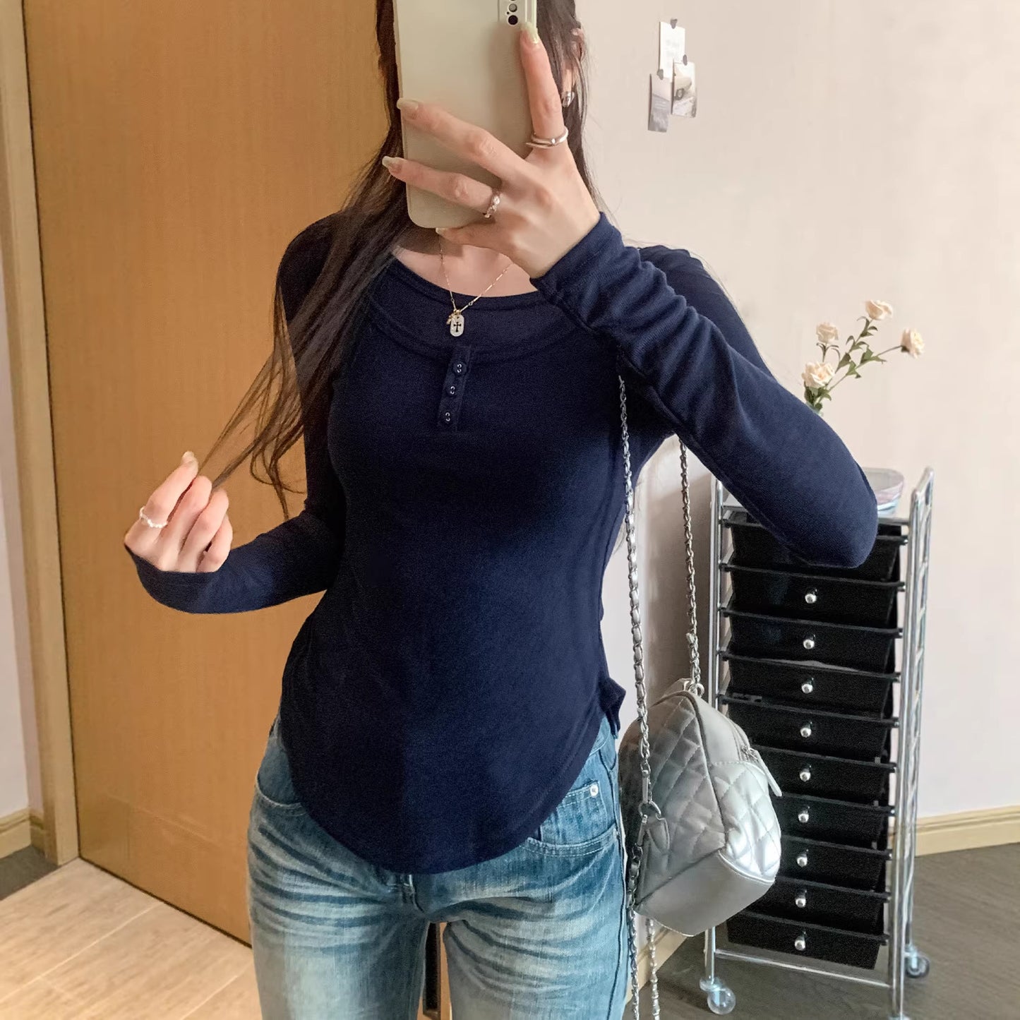 Chiffon Layered White Long Sleeve T-Shirt for Women