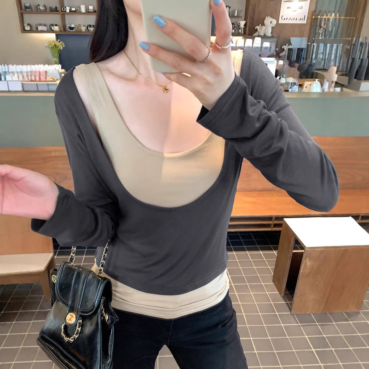 false Two-Piece Long Sleeve T-Shirt for Women