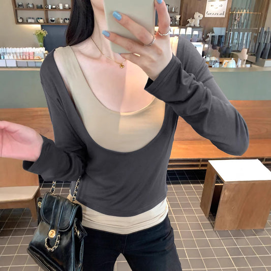 false Two-Piece Long Sleeve T-Shirt for Women