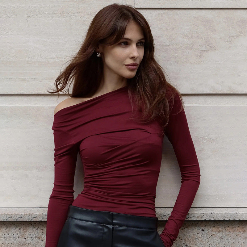Women's Fashion Irregular Asymmetrical Shoulder Pleated Fitted T-Shirt Top for Layering or Outerwear