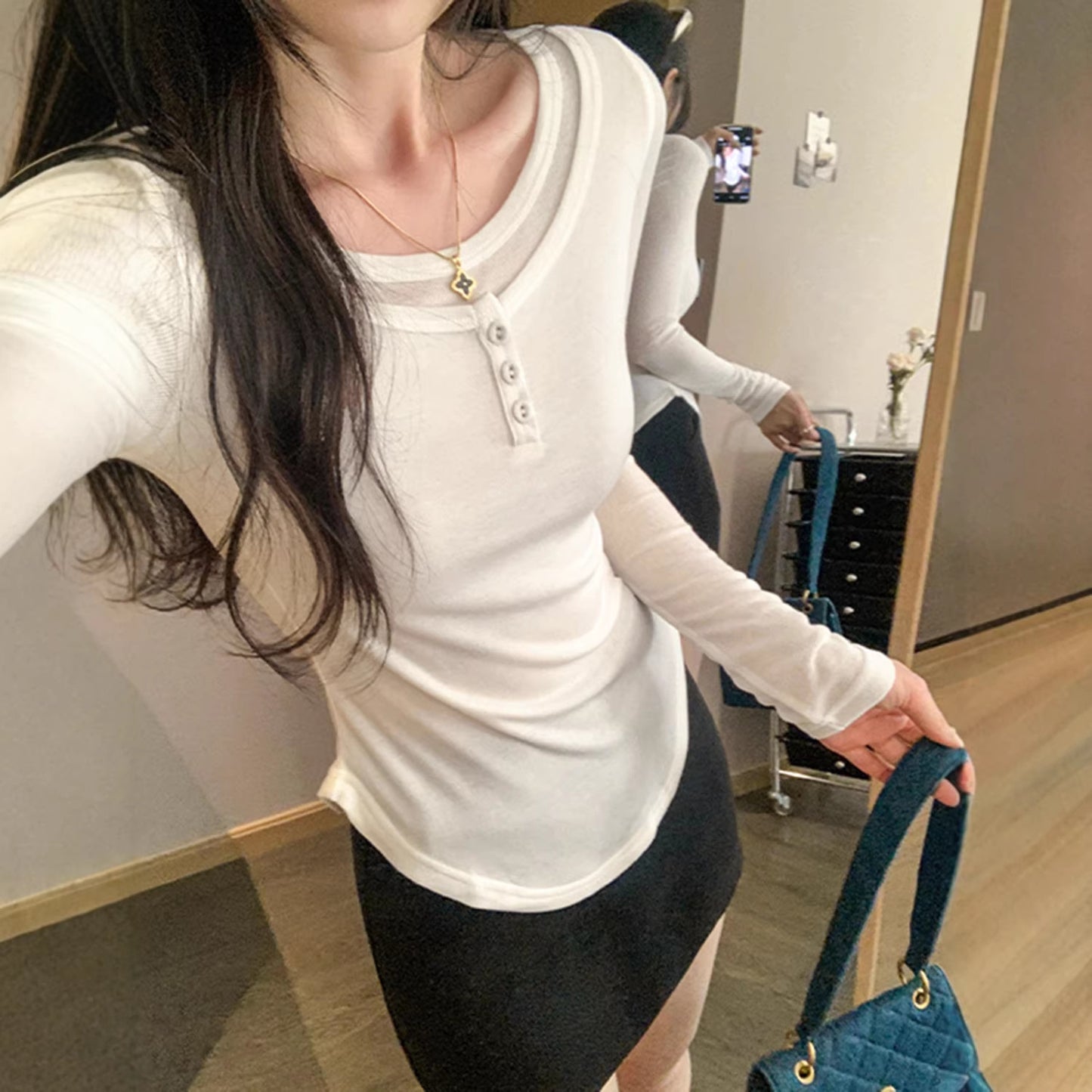 Chiffon Layered White Long Sleeve T-Shirt for Women