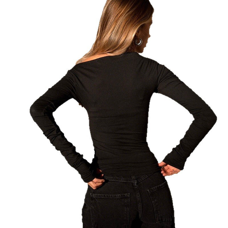 Women's Fashion Irregular Asymmetrical Shoulder Pleated Fitted T-Shirt Top for Layering or Outerwear