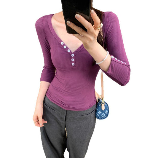 V-Neck T-Shirt Inner Layer Top for Women Wear Slim Fit Long Sleeve